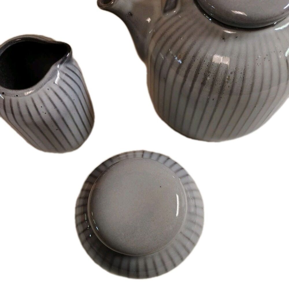 Artisanal Kitchen Supply Soto Gray Ribbed Tea Set - Teapot, Lidded Jar, Creamer - Picture 5 of 9
